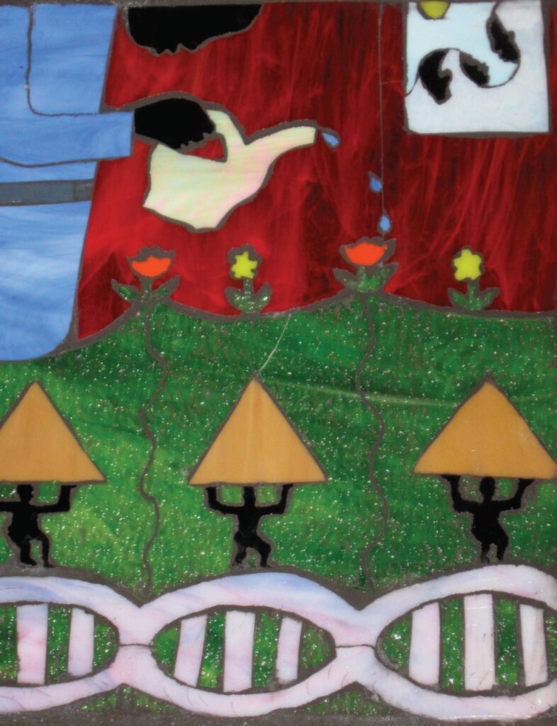 A colorful stained glass artwork depicts a hand watering flowers that are sprouting from green grass. Underneath the flowers, three triangular figures appear to be holding up the grass. A DNA double helix strand is shown at the bottom of the image.