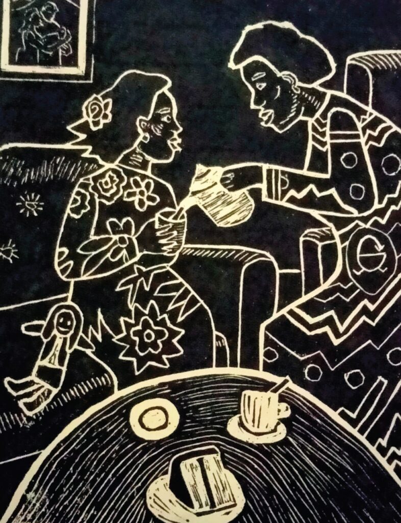 A black and white illustration depicts two individuals in patterned clothing seated on a couch, engaged in conversation. The person on the right offers a plate to the person on the left, who holds a cup and has a doll. A table in the foreground holds two cups and saucers and a tray with a hat.