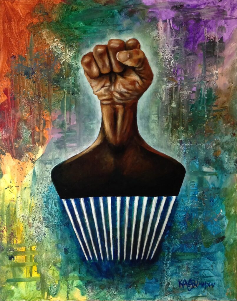 A powerful painting features a raised fist blending into a wide-toothed comb set against a vibrant, multicolored background. The comb's teeth are angled downward, symbolizing unity and strength. The artist's signature, "KAGYU NOW," is visible in the bottom right corner.