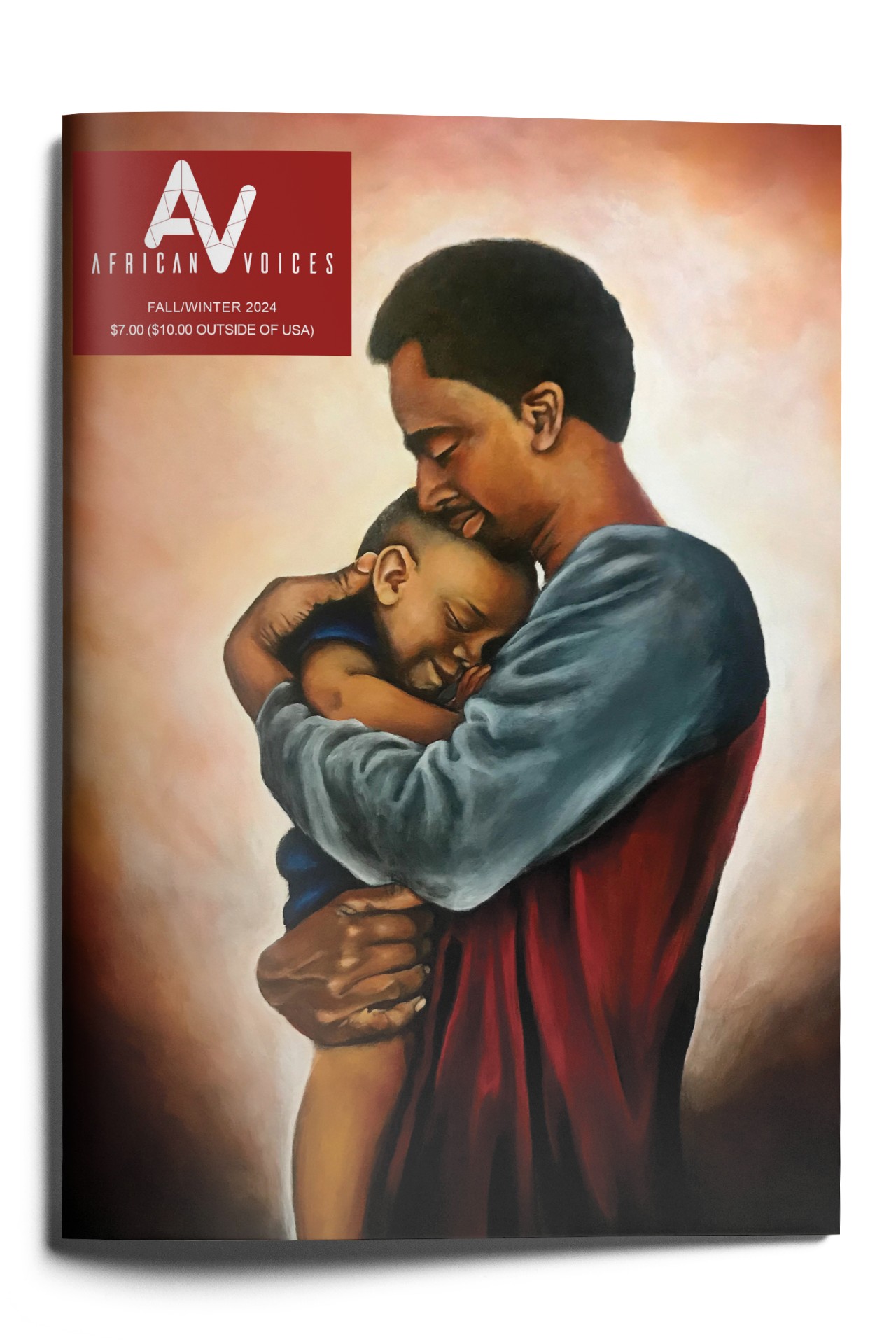 Cover of "African Voices" magazine, Fall/Winter 2024. It features an illustration of a man in profile tenderly embracing a young child. Both appear content and connected. The background is a soft blend of warm colors.