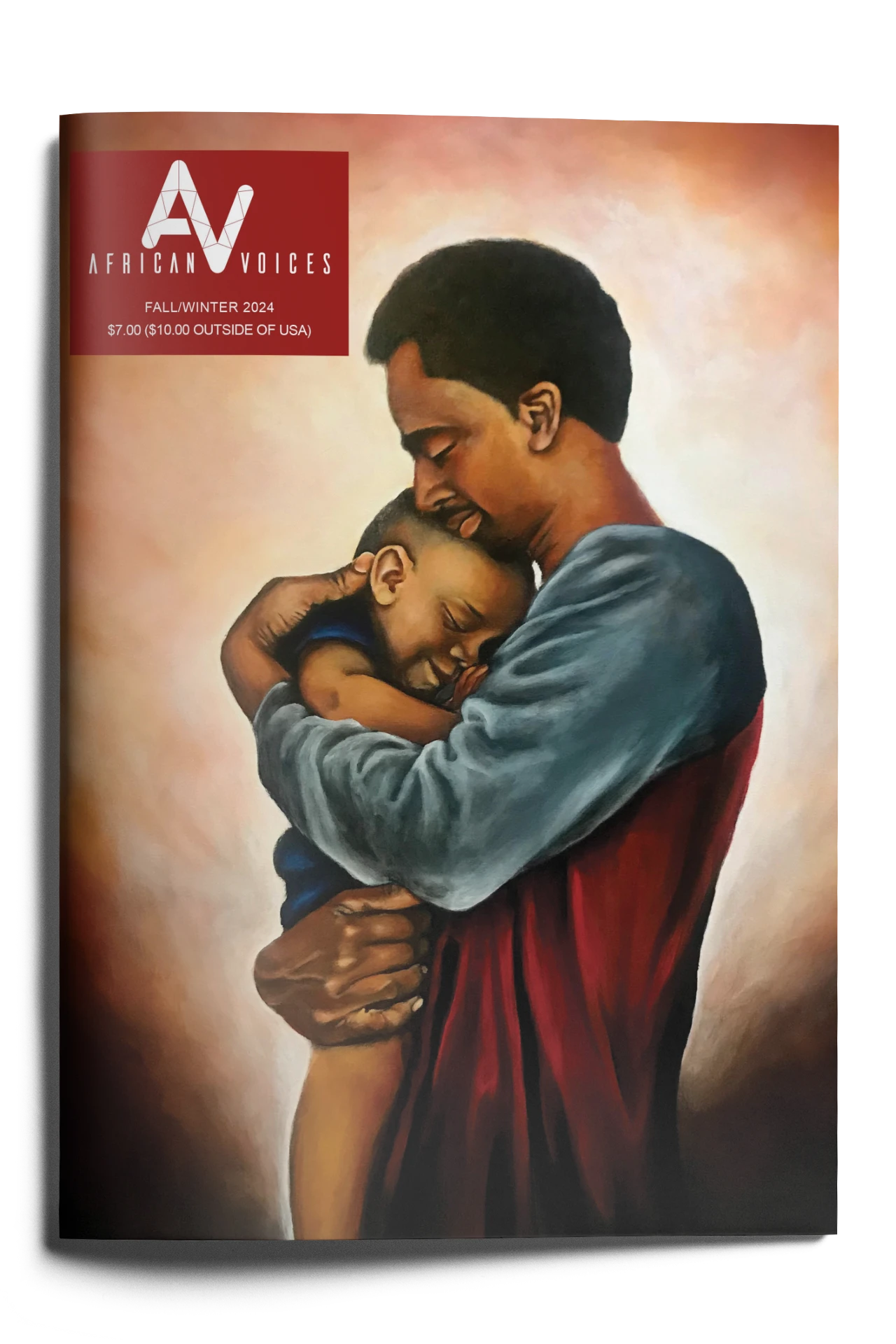 Cover of African Voices magazine features an illustrated scene of a loving embrace between a father and child. The father gently holds the smiling child, conveying warmth and affection. The magazine is the Fall/Winter 2024 issue, priced at $7.00, or $10.00 outside the USA.