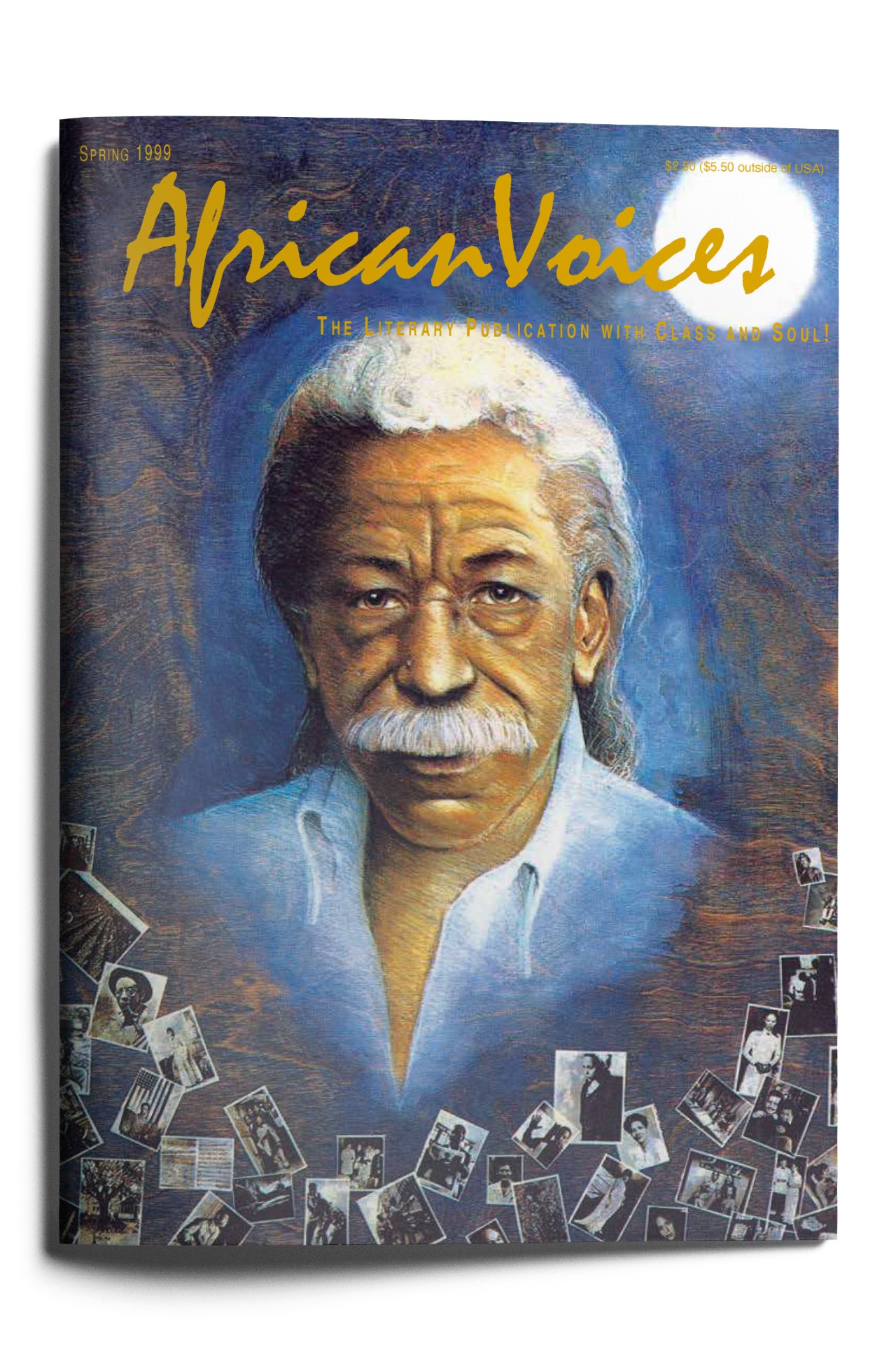 Cover of the Spring 1999 issue of "African Voices" magazine. It features an illustration of an elderly man with white hair and a mustache against a blue backdrop. Around him are scattered black-and-white photographs. Title and tagline are in yellow text.