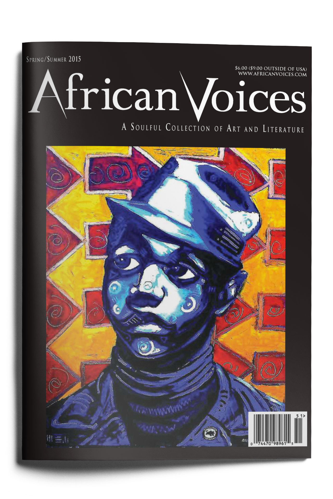 The cover of African Voices magazine features a vibrant painting of a person in a hat and coat, with a contemplative expression. The background has bold yellow and orange geometric patterns. The magazine is the Spring/Summer 2015 edition, highlighting art and literature.