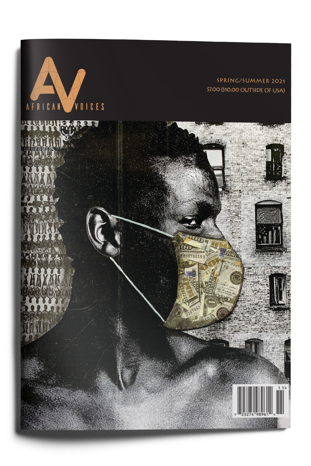 Cover of "African Voices" magazine, Spring/Summer 2021. It features a grayscale profile of a person wearing a face mask made of a dollar bill pattern. In the background, there is a brick building facade, and the magazine title is in the upper left corner with pricing details.