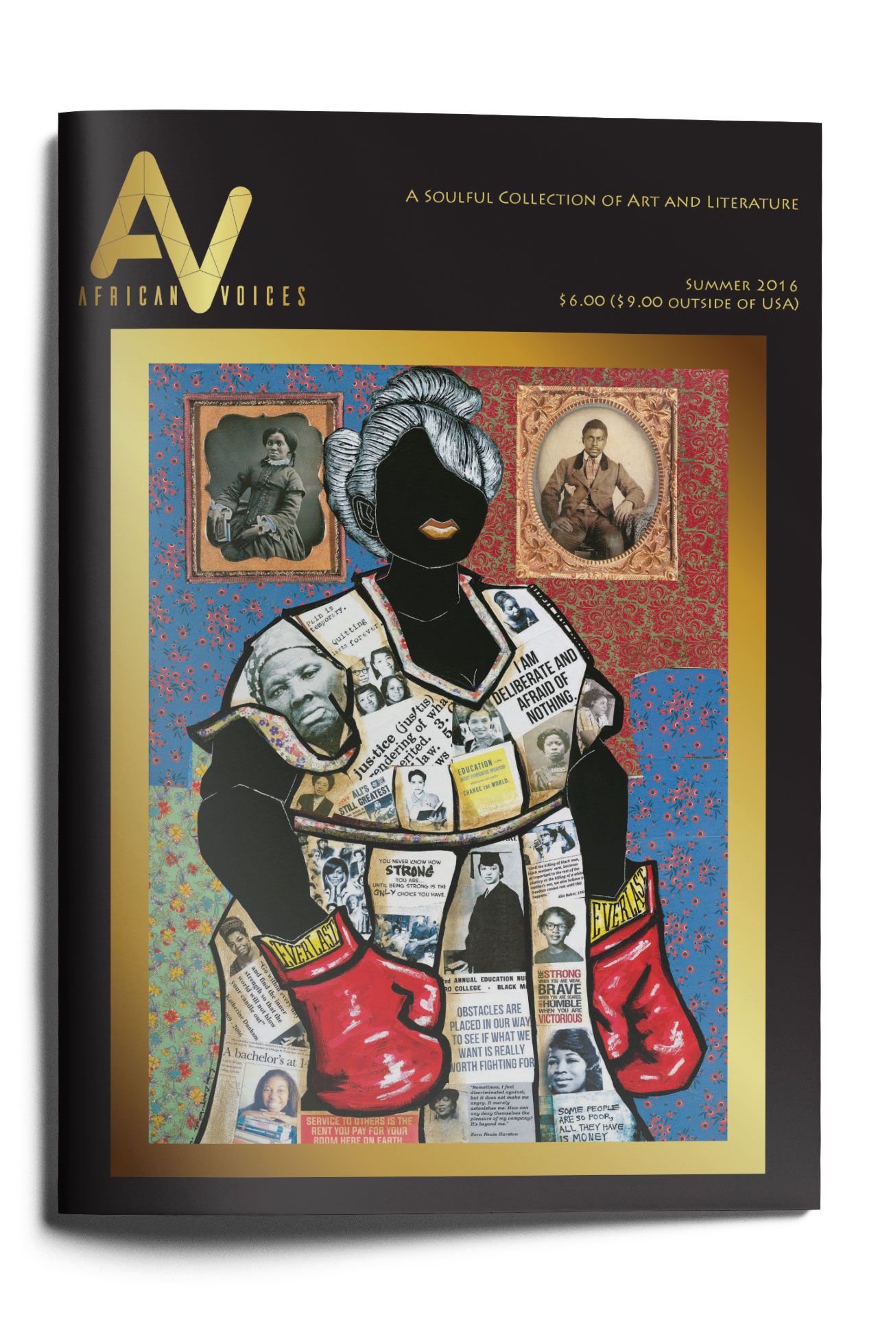 The cover of African Voices features an artwork of a woman with a blank face. Her dress is collaged with clippings and photos, including historical figures. She wears red boxing gloves. The border is gold with a colorful floral background. Text includes the magazine's title and price.