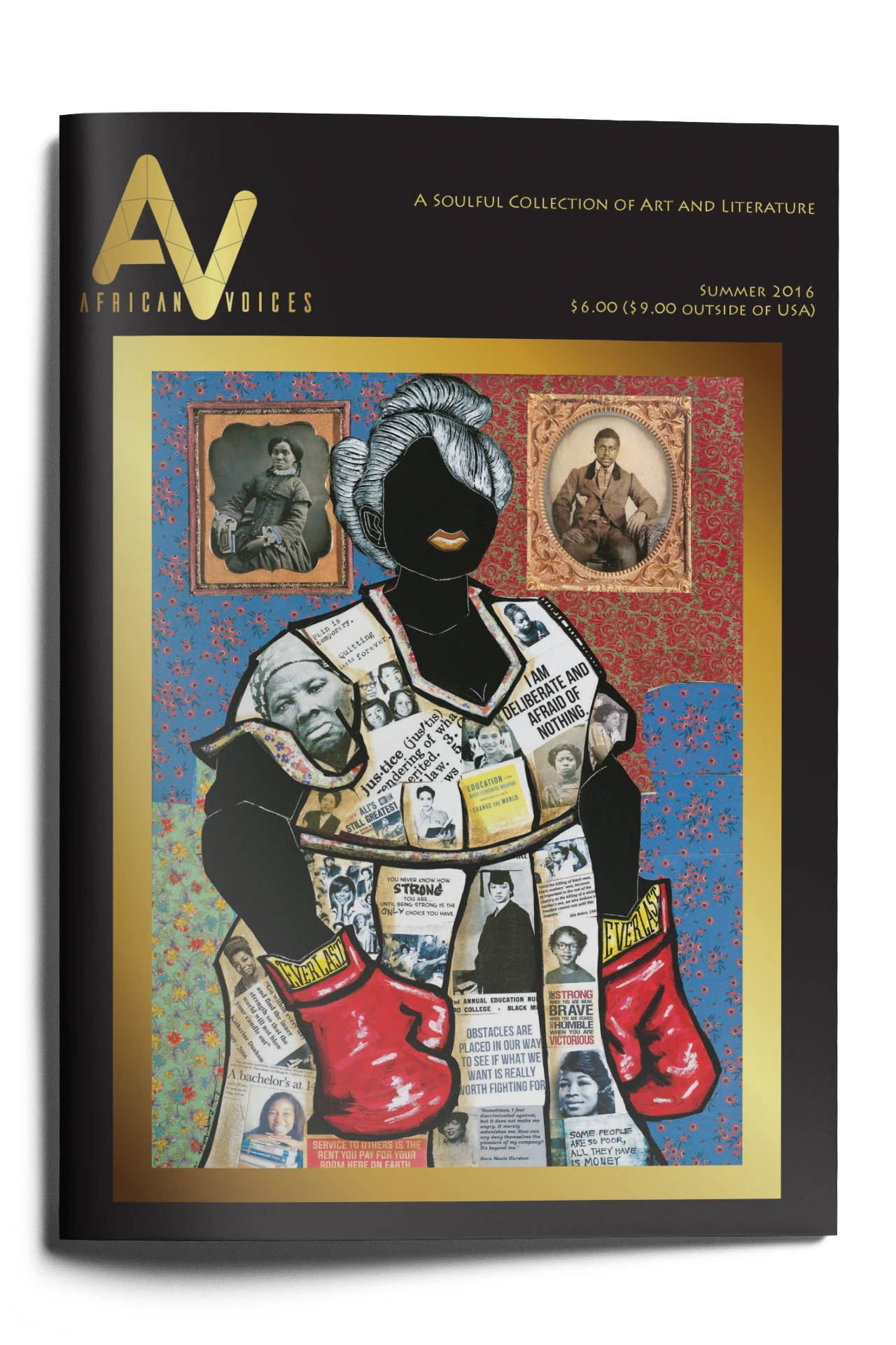 The image is a magazine cover titled "African Voices" featuring a collage of a person in red boxing gloves and a dress covered with various photos and text. Background includes a red and blue patterned design with two framed photos. The text reads "A Soulful Collection of Art and Literature.