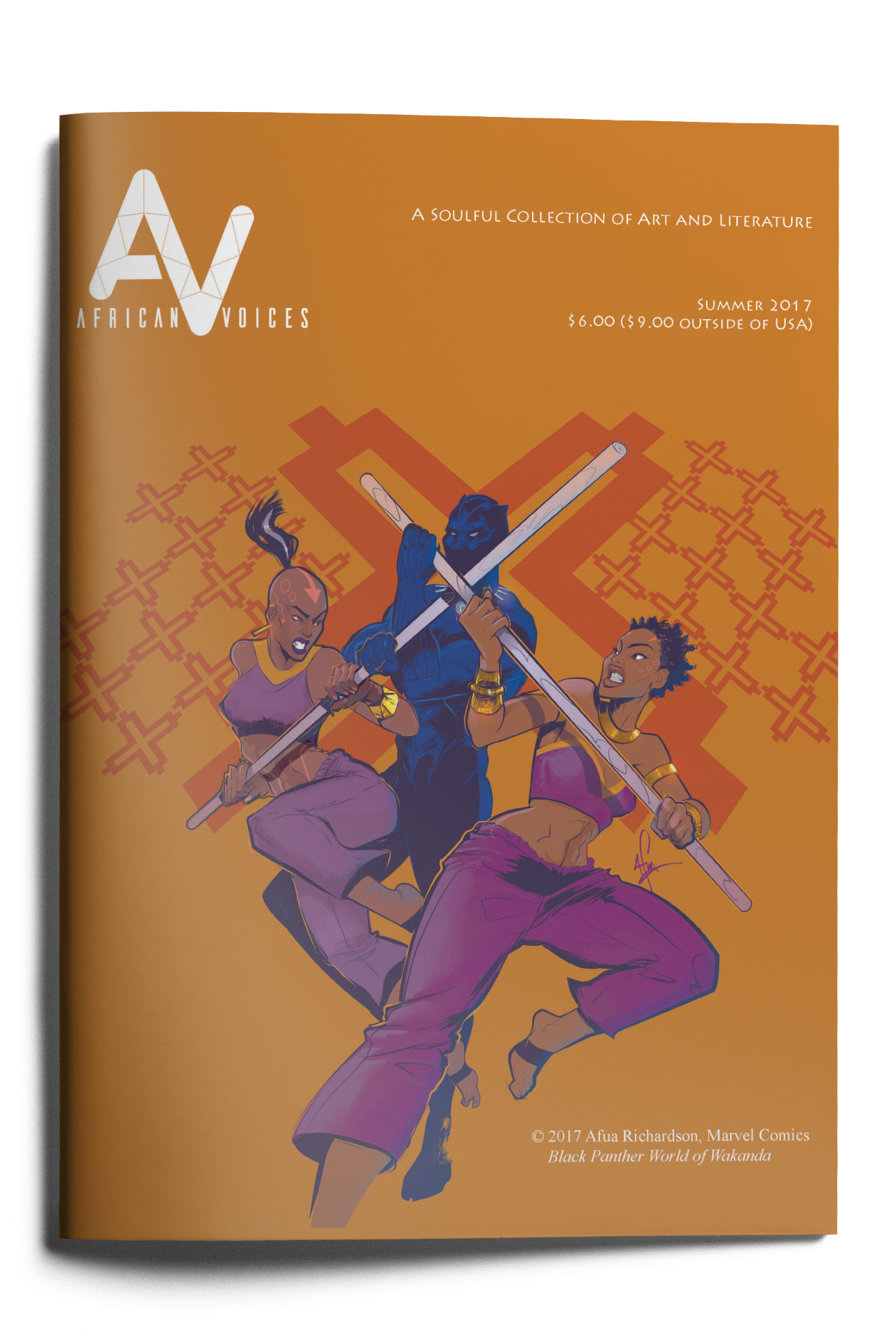 Cover of "African Voices" magazine featuring three characters wielding staffs in dynamic poses. The background is orange with geometric patterns. The text reads, "A soulful collection of art and literature, Summer 2017." Price details are noted at the top right.
