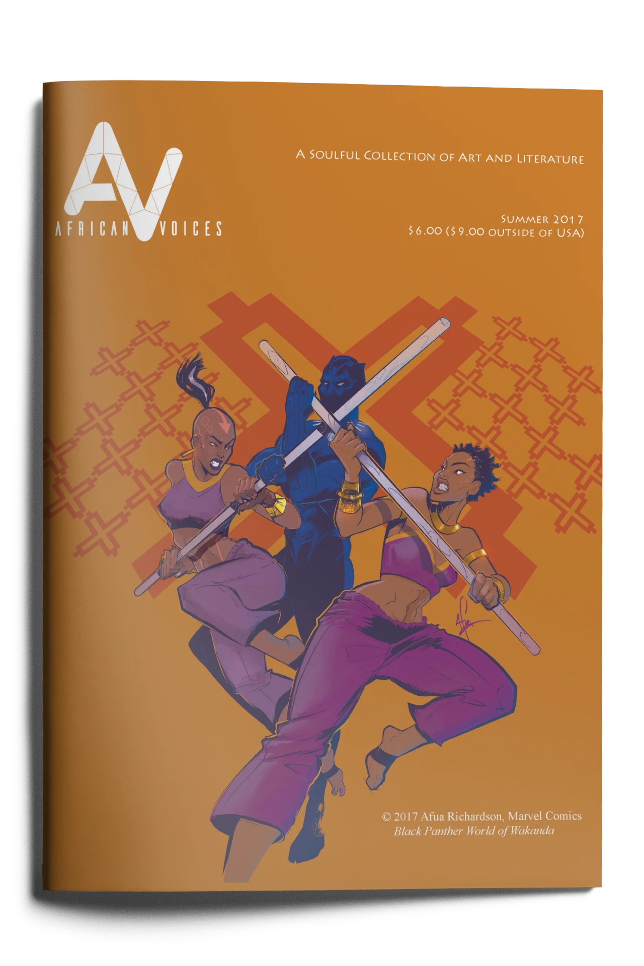 Cover of African Voices magazine, Summer 2017. Features three stylized characters in dynamic poses holding weapons, with geometric patterns in the background. Text includes the title, edition details, and a copyright notice for Marvel Comics' Black Panther world. Predominant color: orange.