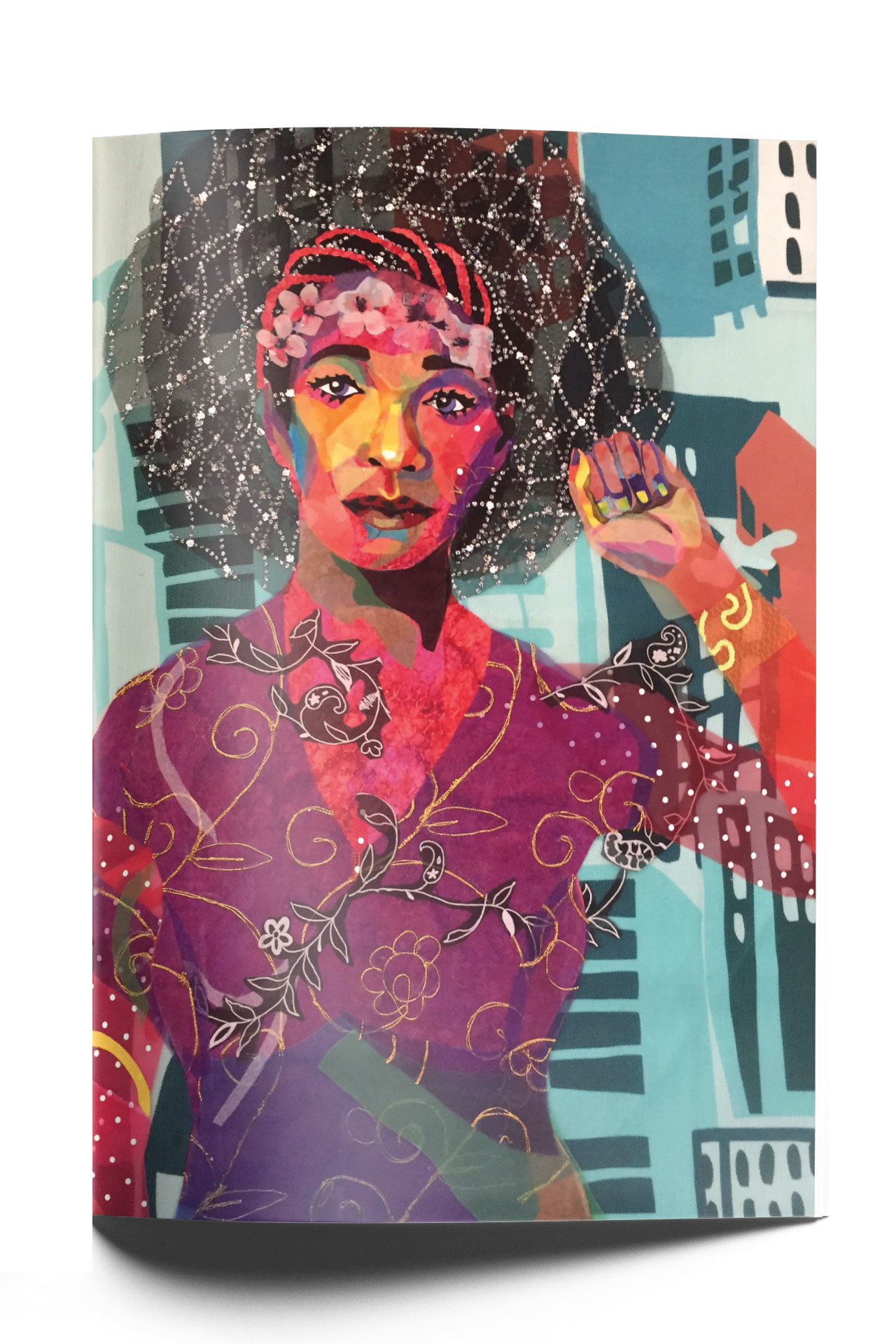 Vibrant artwork of a woman with an afro, raising her fist. She wears a purple patterned outfit with floral designs. A hair accessory adorns her head, and abstract, colorful shapes and buildings form the background, creating a dynamic and empowering atmosphere.