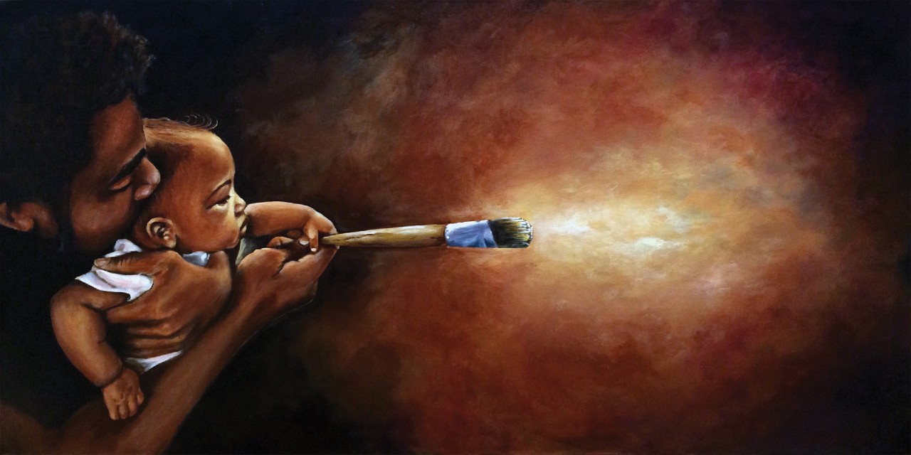 A person gently holds a baby, guiding the child's hand to hold a large paintbrush. They both face a glowing light source, while the surrounding area is enveloped in warm tones of brown, orange, and red, creating a sense of wonder and creativity.