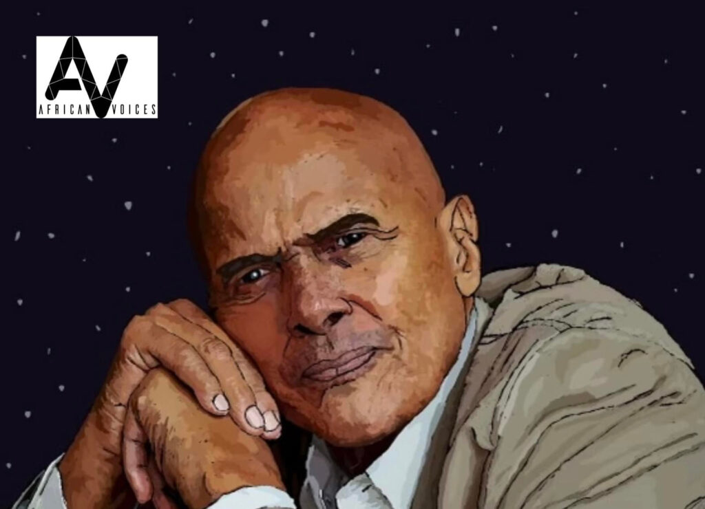Illustration of an older man with a bald head, resting his chin and hands on a folded cloth. He wears a beige jacket and has a thoughtful expression. The background is a dark starry sky, and the logo "African Voices" is in the top left corner.