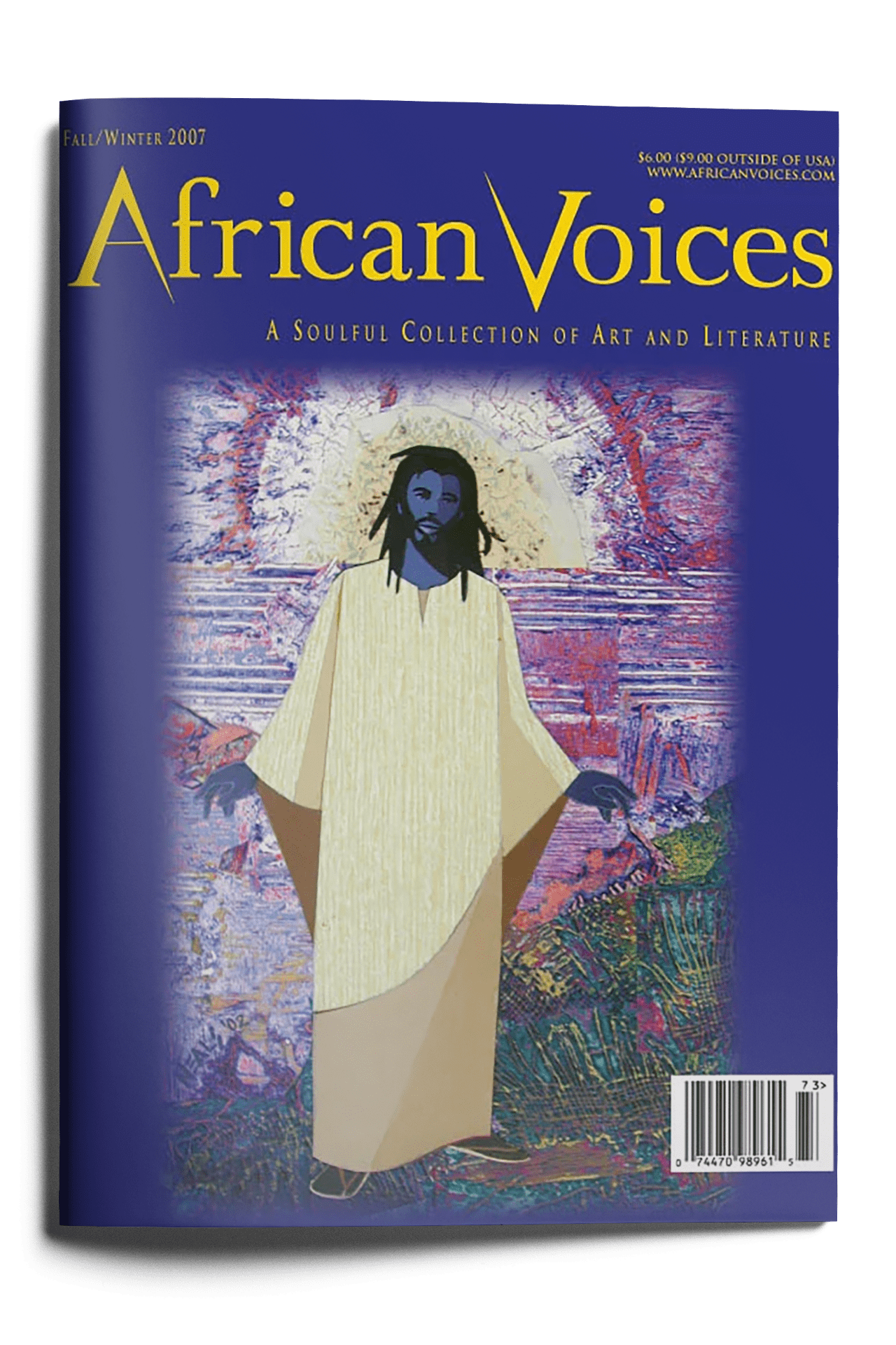 The cover of African Voices magazine (Fall/Winter 2007) features a stylized artwork of a dark-skinned figure in a flowing, cream-colored robe against a textured, colorful background. The title and headings are in bold yellow and white fonts.