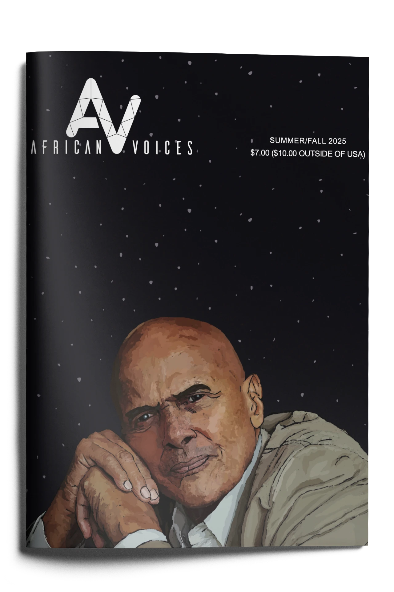A magazine cover titled “African Voices” features an illustrated older man Harry Belafonte with a bald head, wearing a beige blazer and resting his chin on folded hands. The background is dark with white star-like dots. Text notes the issue is Summer/Fall 2025.