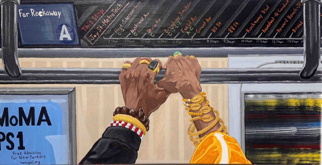 Two hands adorned with rings and bracelets grip a subway rail. Above, a New York City subway map shows the Far Rockaway A train route. A MoMA PS1 poster and blurry train windows are visible in the background. The scene suggests a diverse, urban commute.