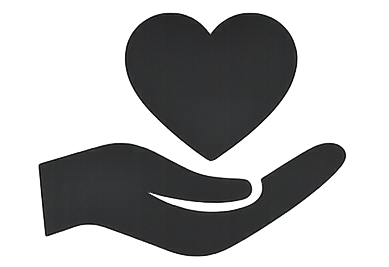 A black silhouette of an open right hand with palm facing up, positioned below a large, solid black heart shape, suggesting care, support, or giving love, all set against a plain white background.