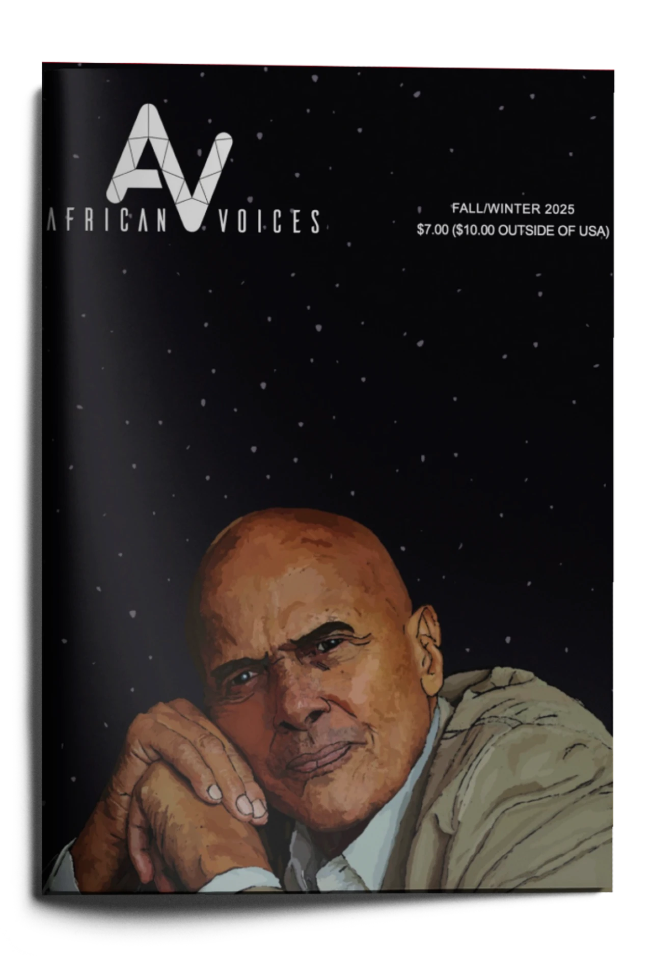 Magazine cover titled "African Voices" features an illustrated portrait of an older Black man with a bald head, resting his chin on his hand. The background is black with white specks, evoking a starry sky. Text notes "Fall/Winter 2025" and the price.